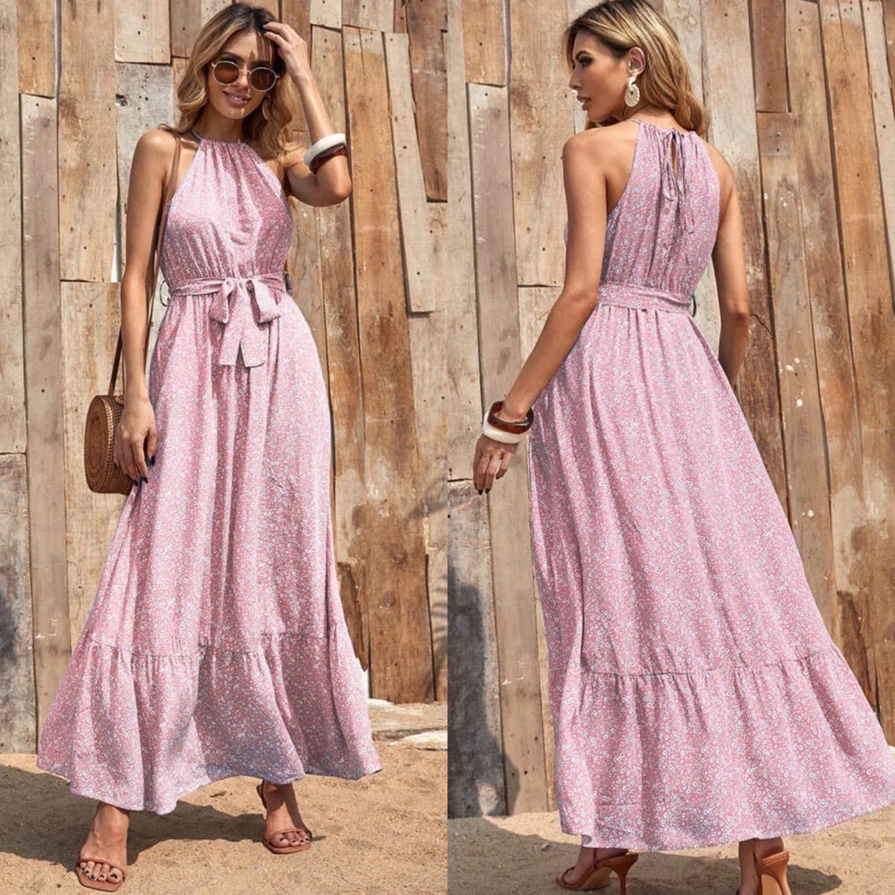 Boho floral print maxi dress halter ruffle blue - Picture 2 of 5